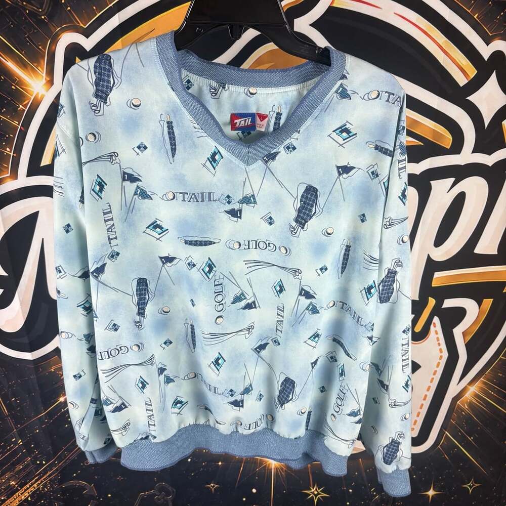 Vintage Tail Golf All Over Print V-Neck Pullover Sweater Blue Size L Made in USA